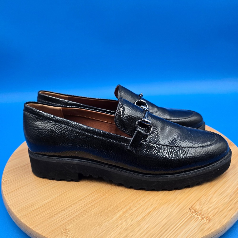 Franco Sarto Cason Black Crinkled Patent Horsebit Lug Sole Loafers Women's 8M